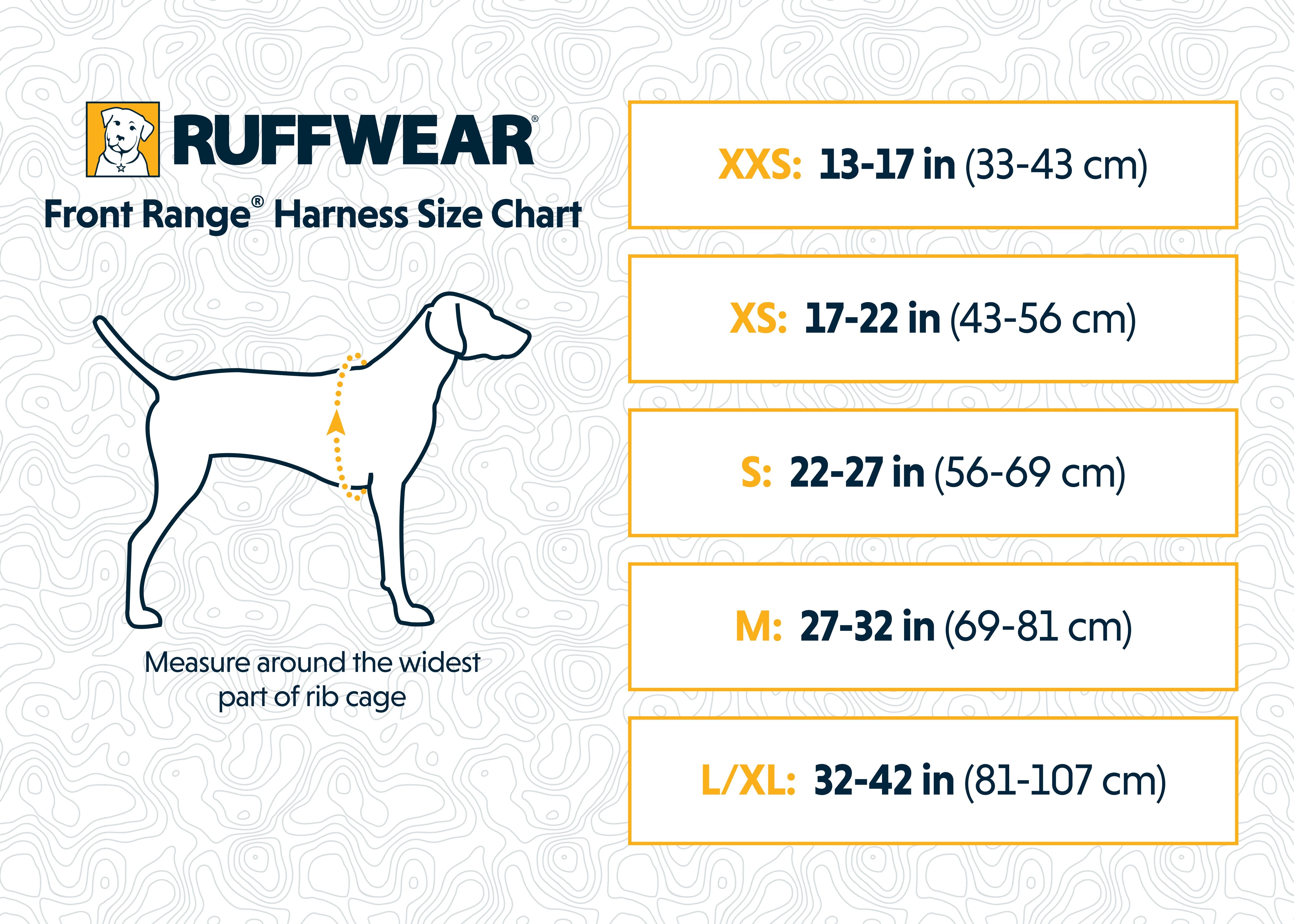 Ruffwear Front Range Harness size chart showing girth measurements from XXS to L/XL