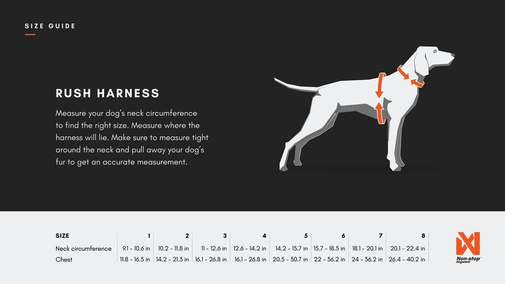 Size guide for non-stop dogwear rush harness
