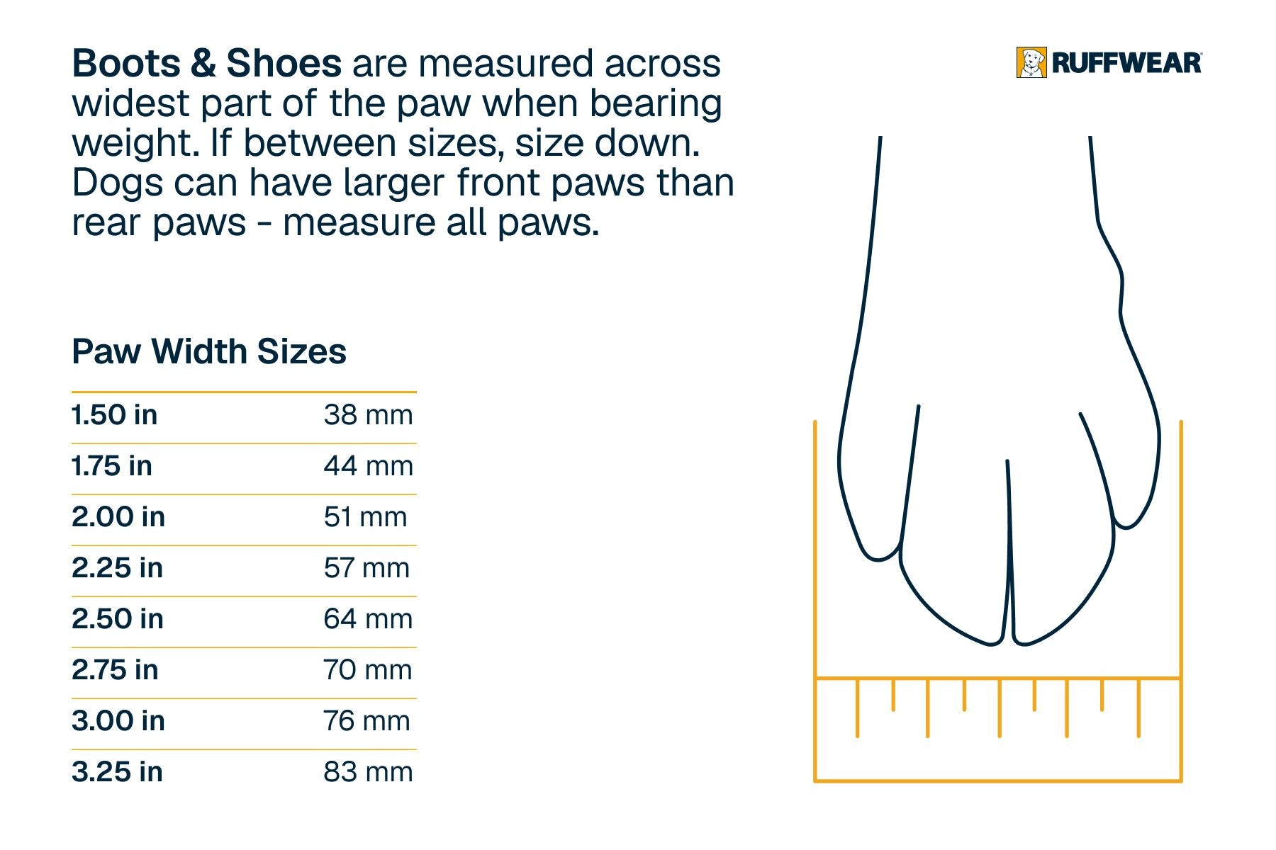 Ruffwear dog boot & shoe size guide showing paw width measurement