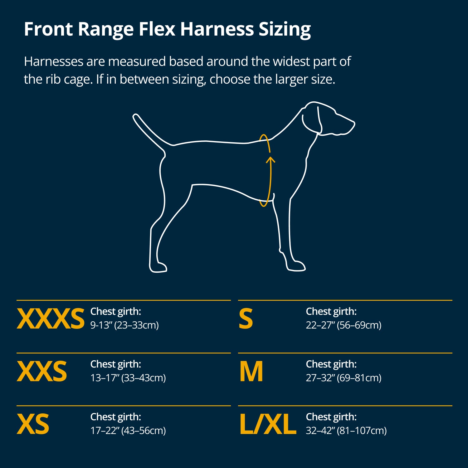 Ruffwear Front Range Flex Harness size guide showing chest girth measurement