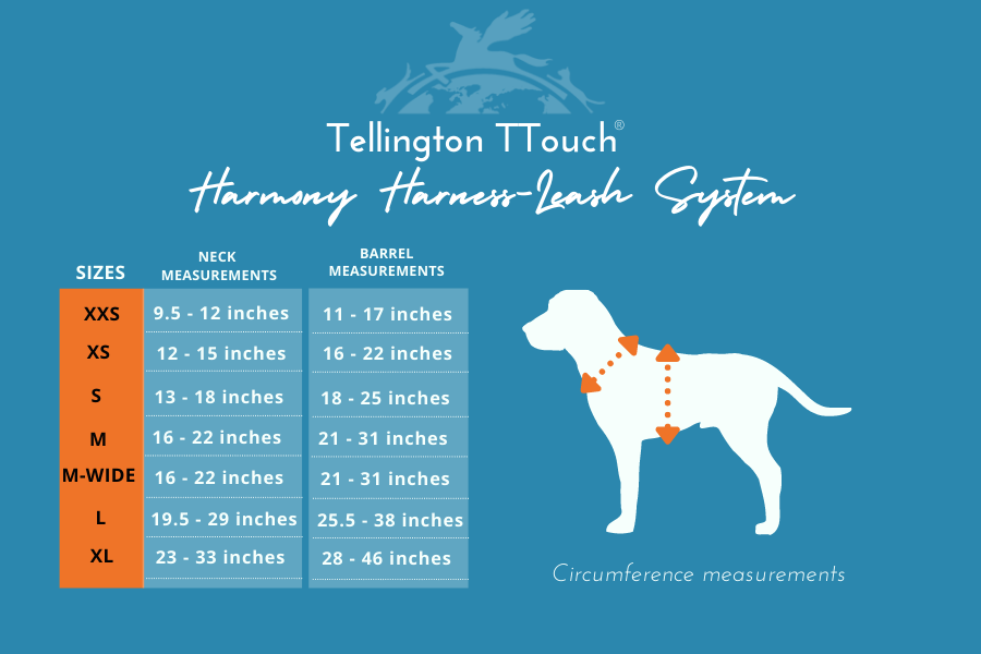 Tellington TTouch Harmony Harness size chart chest measurement guide